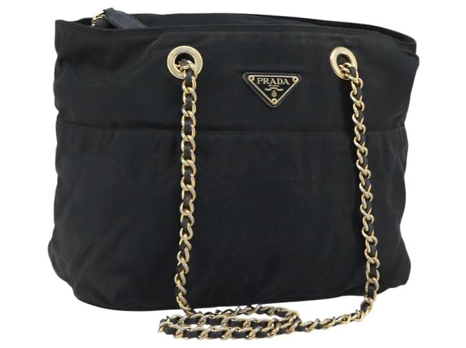 Bolso de Hombro con Cadena Prada de Nailon Dorado Negro Auth bs34054