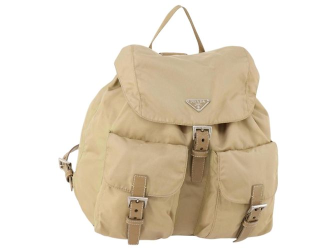 PRADA Backpack Nylon Beige Silver Auth 170950 Silvery