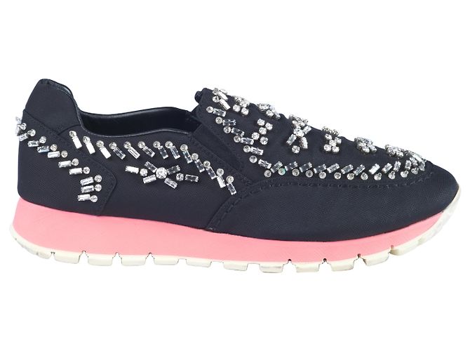 Prada  Black Canvas Crystal Embellished Slip on Sneakers