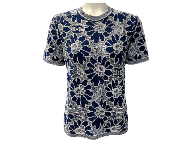 Chanel Navy Blau / Weiß Floral Strickoberteil