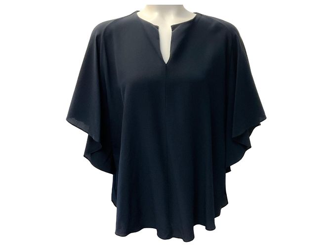Hermès Hermes Navy Blue Silk Flutter Sleeve Drape Top