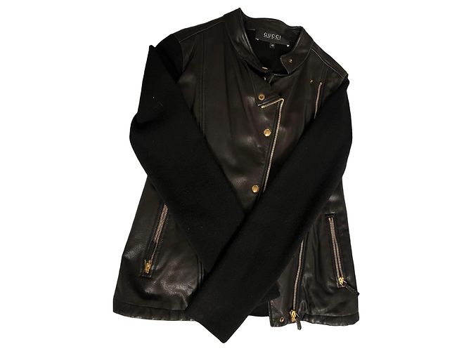 Gucci Lederjacke Schwarz mit Wollärmeln