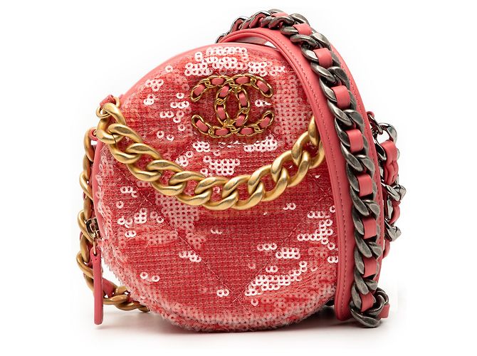 Clutch redondo Chanel em couro de cordeiro rosa com corrente 19