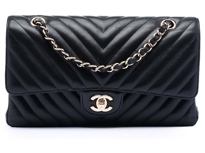 Chanel Preto Médio Clássico Chevron Couro de Cordeiro Dupla Aba