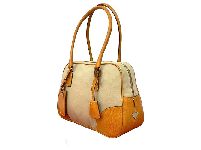 Bolsa tote 2 em 1 em lona e couro com logo triangular Prada Marrom Bege