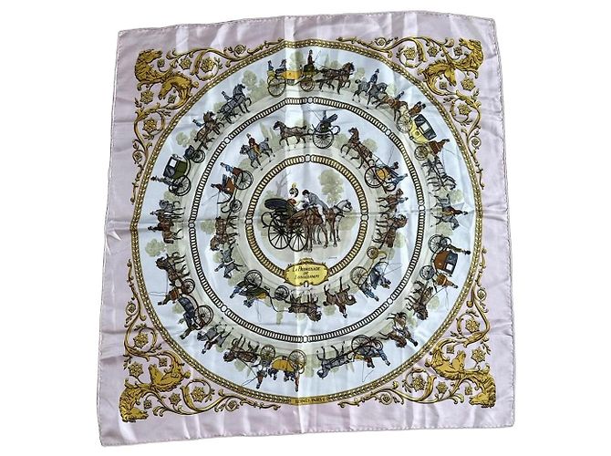 Hermès Lenço de seda A Promenade de Longchamps Marrom Rosa Branco Dourado