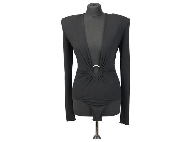 Alexandre Vauthier Schwarzer Jersey Bodysuit mit V-Ausschnitt und Ring