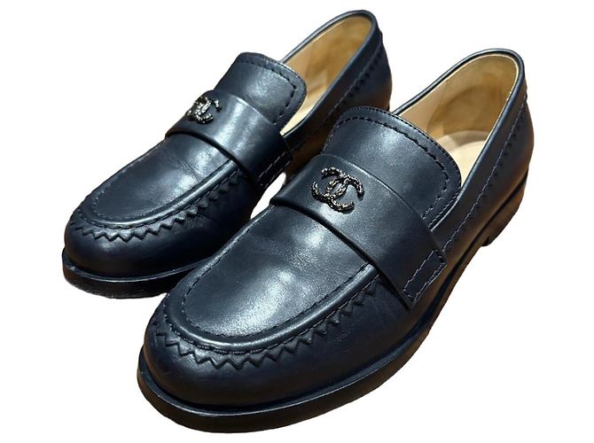Chanel Navy Leather CC Loafers