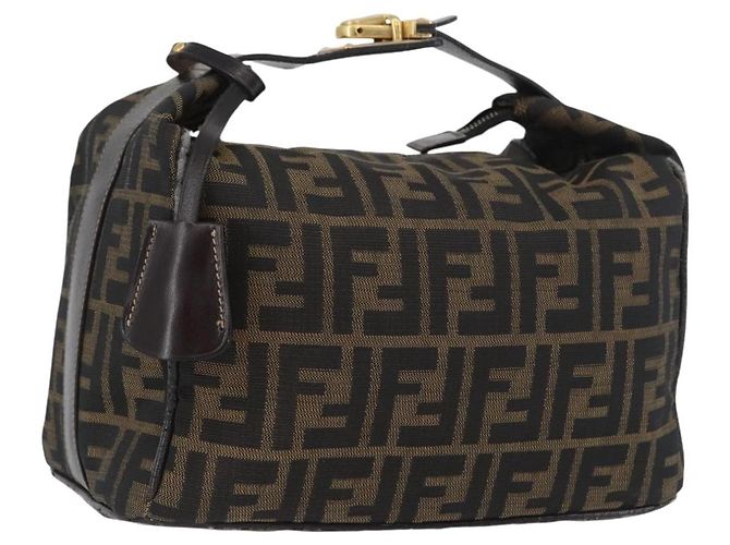 FENDI Zucca Canvas Vanity Handtasche Schwarz Braun Gold Auth ARZ429 Golden