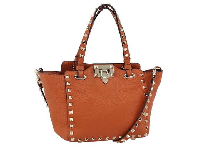 Bolso de mano de cuero Valentino con tachuelas 2 en 1 dorado naranja marrón Auth BA11416