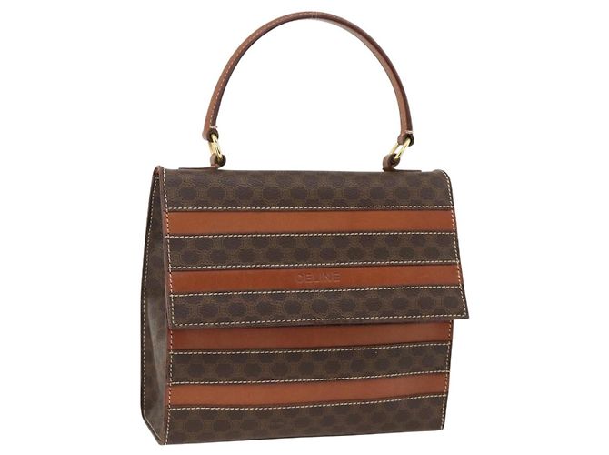 Céline Bolsa de mão em lona Macadam CELINE em couro PVC marrom dourado Auth 174439