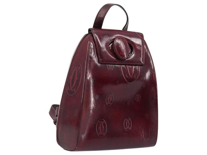 Mochila CARTIER Couro envernizado Vermelho Ouro Auth bs33722 Dourado
