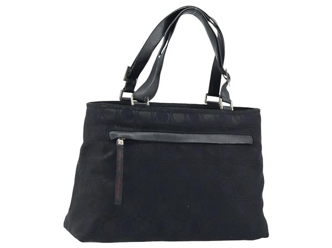Bolsa Tote Gancini de Nylon Preta e Prata da Salvatore Ferragamo Auth BA11280 Preto