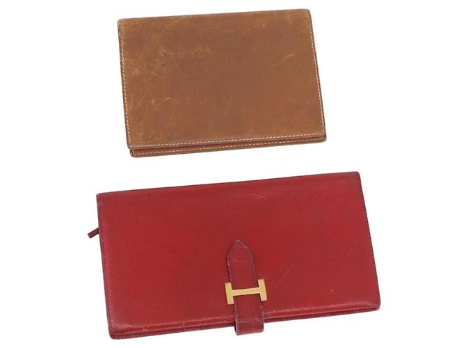 Hermès Billetera HERMES de cuero 2 piezas marrón rojo Auth bs33891 Castaño Roja