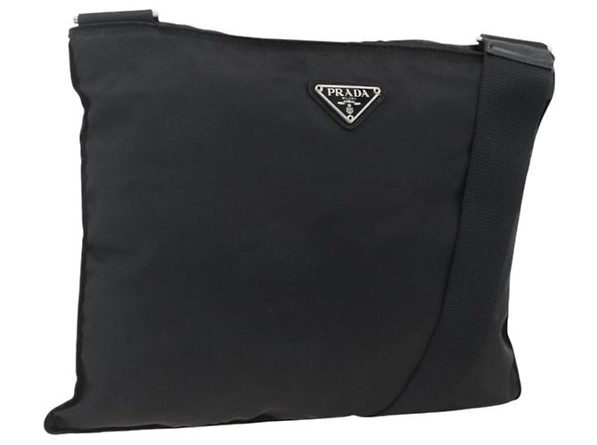 Sac à épaule PRADA en nylon noir argent authentique BSZ154 Argenté