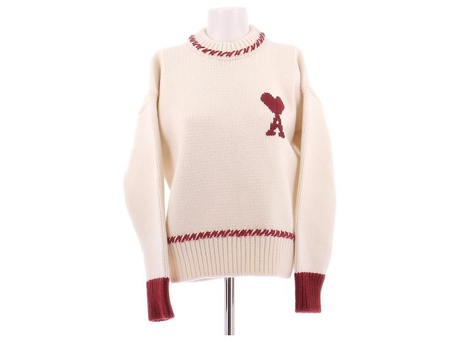Ami Beige Pullover mit rotem Kragen aus Wolle 