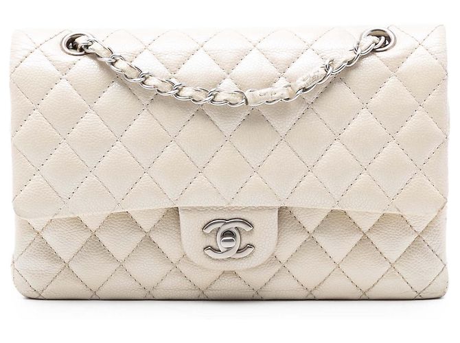 Chanel Branco Médio Clássico Caviar Duplo Cru