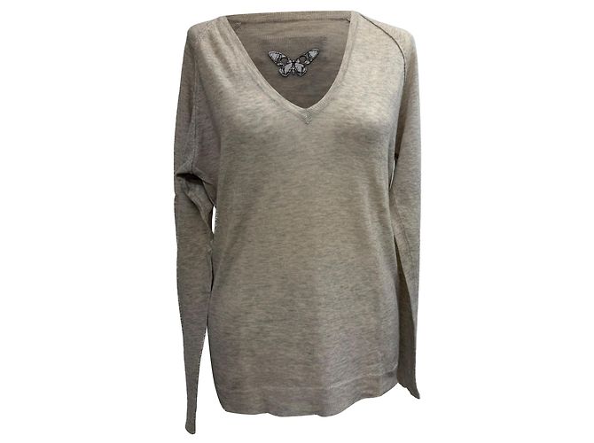 Suéter de cuello en V de cachemira beige de Zadig & Voltaire