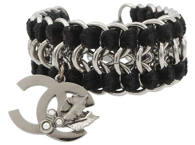 Chanel Samt- und Strass-Charme-Armband Schwarz Silber