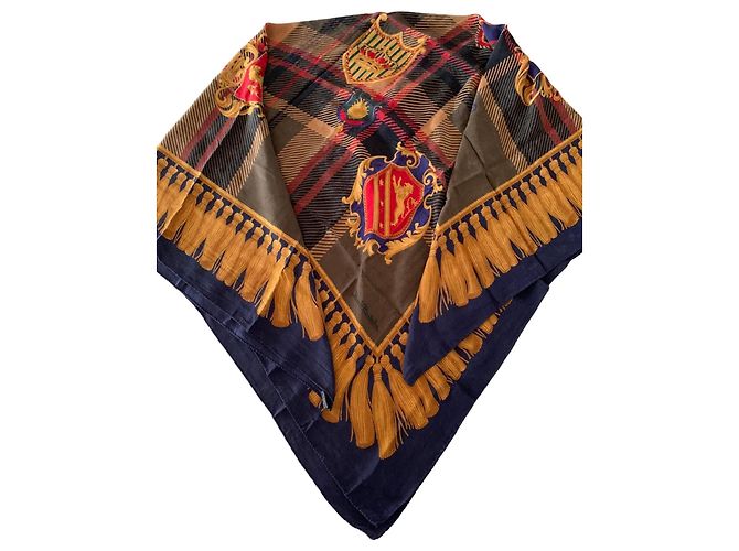 Autre Marque Silk scarf with checkered pattern and crests Brown Blue Golden