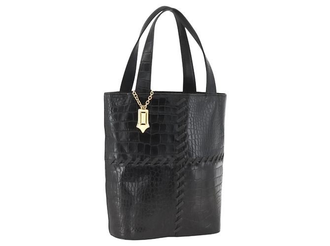 SAINT LAURENT Borsa a mano in pelle embossata Nera Oro Auth BSZ274 Nero D'oro