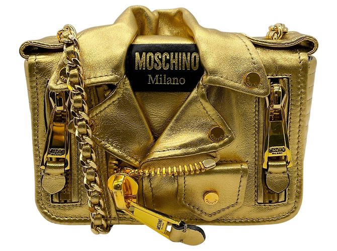 Bolsa de ombro em couro dourado Moschino Biker Jacket