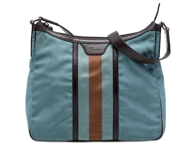 Bolso de Hombro de Lona Azul Gucci con Banda Web
