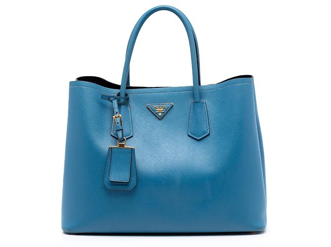 Prada Grande Bolsa Dupla em Couro Saffiano Azul