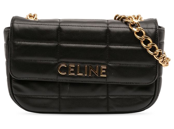Céline Bolsa de ombro em couro de cabra matelassé preto monocromático Celine com corrente
