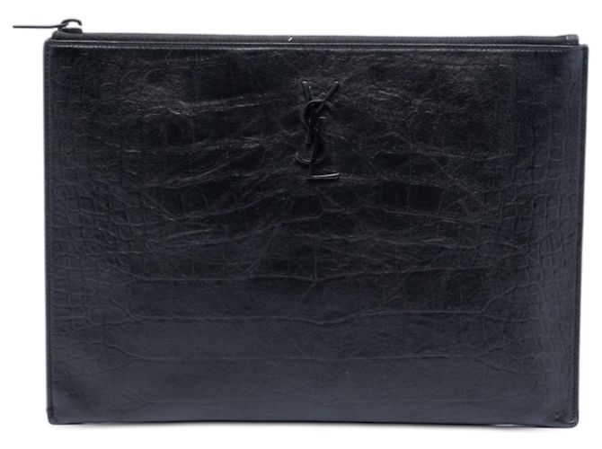 Saint Laurent Black Croc Embossed Leather Monogram Document Holder