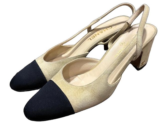 Chanel Two-Tone Slingback Heels Black Beige