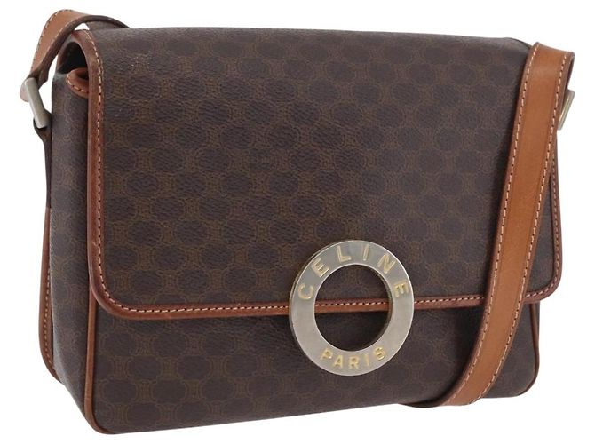 Céline Bolsa de ombro circular em lona Macadam CELINE em couro PVC marrom dourado Auth ARZ089