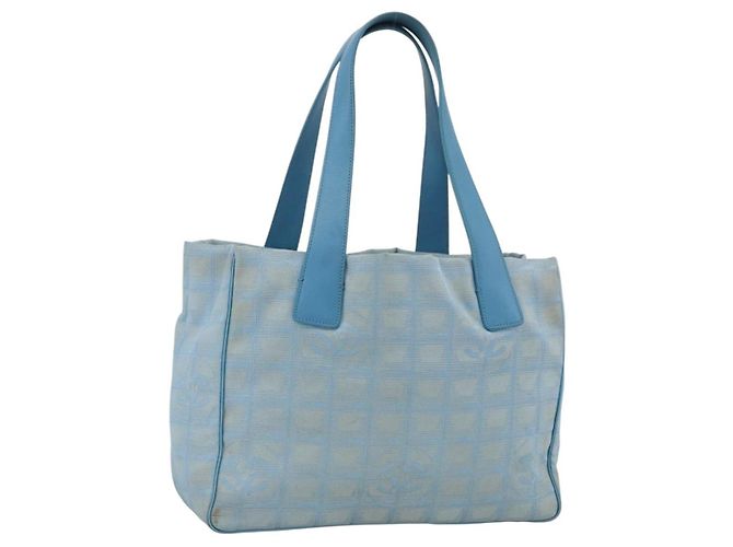 CHANEL New Travel Line Hand Bag Nylon Light Blue Silver CC Auth BSZ263 Silvery