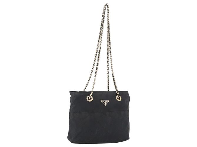 Bolso de Hombro con Cadena Prada de Nailon Negro y Oro Auth bs34051 Dorado