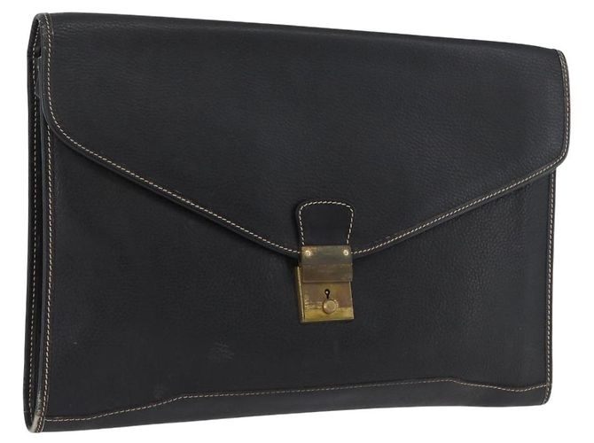 LOEWE Pasta de Trabalho Couro Preto Dourado Auth bs33968