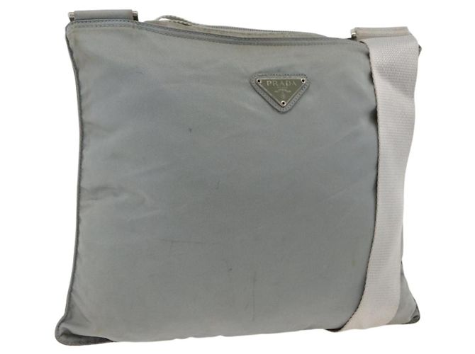PRADA Schultertasche Nylon Grau Silber Authentisch 174005 Braun