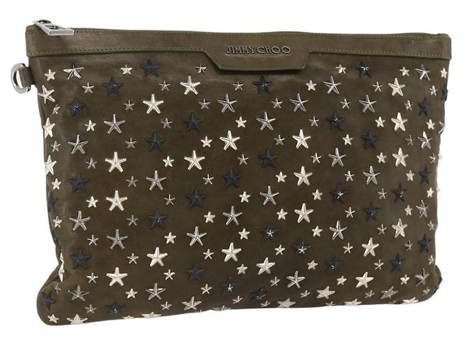 Bolsa de mão de couro caqui com studs Jimmy Choo Auth BA11453