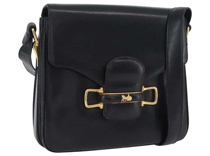 Bolsa de Ombro CÉLINE Carroça de Couro Preta e Dourada Auth SW1908 Preto Dourado