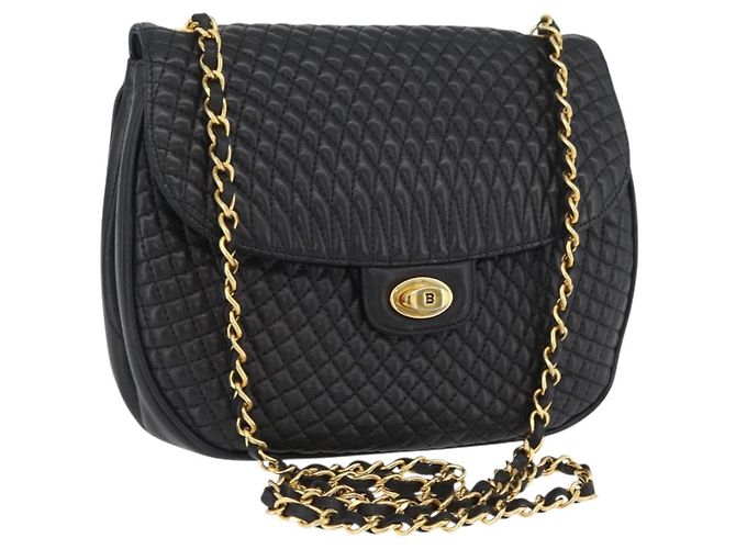 BALLY Bolsa de Ombro Matelassada com Corrente Couro Preto Dourado Auth 173712