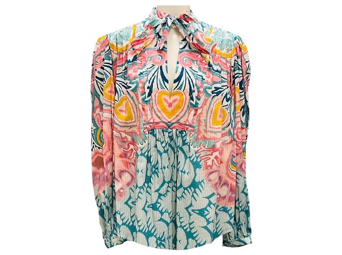 Blusa con colletto a fiocco stampata multicolore blu / rosa Etro