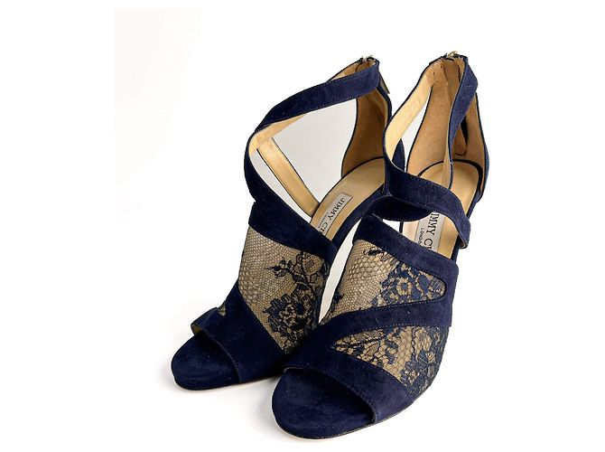 Jimmy Choo Sandali in Velluto e Pizzo Vantage 10 CM 40 Blu