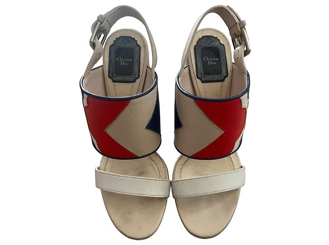 Christian Dior Sandals Ecru Red and Blue Pattern Leather