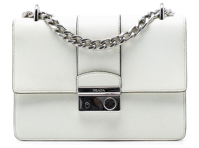 Prada Pequena Bolsa Saffiano Branca com Corrente Sound Lock Branco Fora de branco