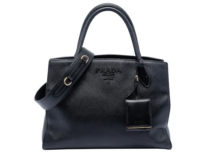 Bolso de mano monocromático de cuero Saffiano negro Prada