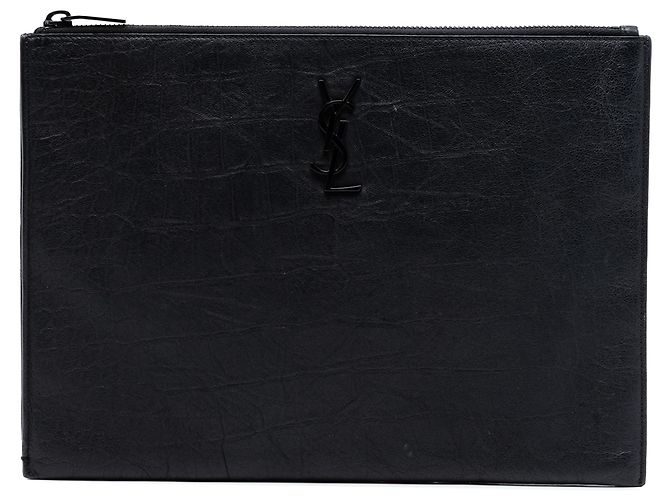 Clutch Monogram de cuero negro con estampado de cocodrilo Saint Laurent