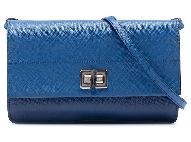 Prada Blue Saffiano Turn Lock Wallet on Strap Dark blue