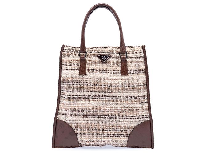Beige Tweed Flach-Tote mit Vitello-Besatz von Prada