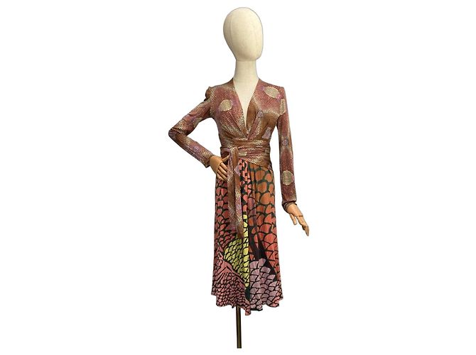 Autre Marque Vestido de seda ISSA London Castaño Rosa Multicolor Verde Naranja Amarillo