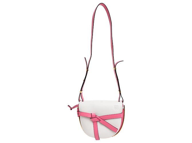 Bolsa de Ombro Dual Small Gate em Couro de Bezerro Branco e Rosa Loewe Marrom Vermelho