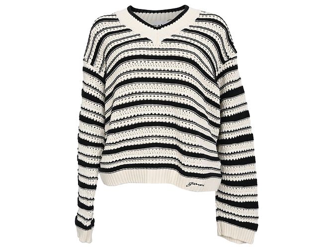 Gestreifter Strickpullover von Ganni aus weißer und schwarzer Baumwolle